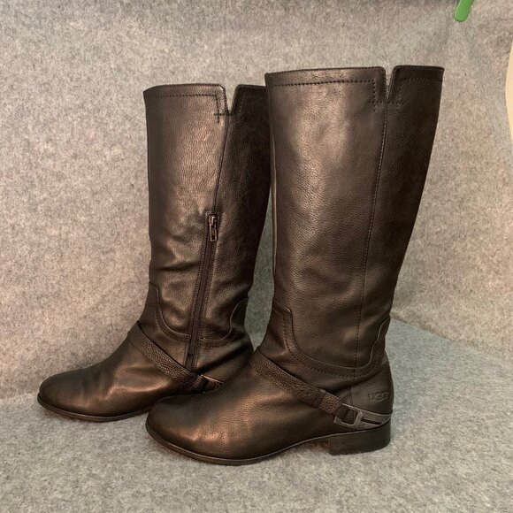 UGG Australia 3184 Women's Black Leather Knee High Side Partial Zip Boots - Picture 7 of 16